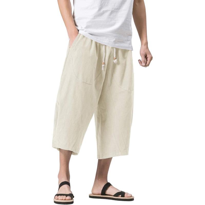 MAGNIVIT Men’s Linen Cotton Capri Pants Loose Fit Elastic Waist Wide ...