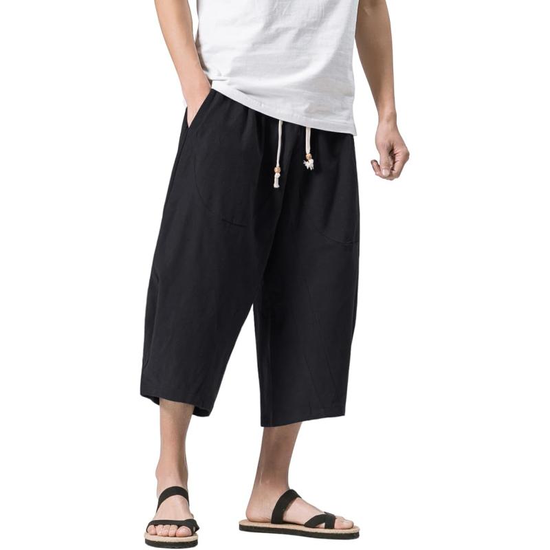 MAGNIVIT Men’s Linen Cotton Capri Pants Loose Fit Elastic Waist Wide ...